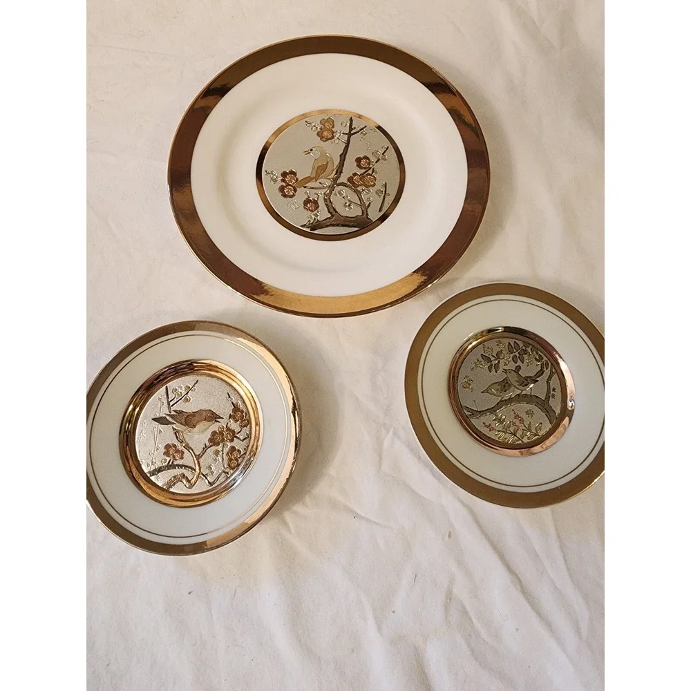 The Art Of‎ Chokin 24 Kt Gold Edge Plate Set Of 3 Birds And Flowers EUC